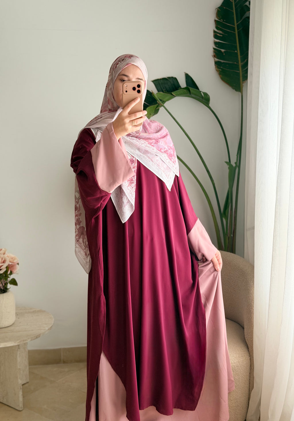 Mawadda Set Prune & Rose - vue de face, jupe longue et chemise longue