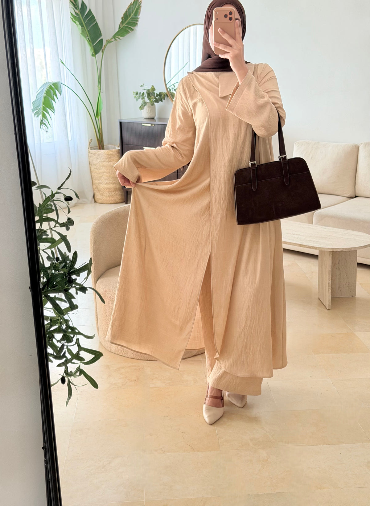 Set Amana Beige - tunique longue fendue et pantalon large